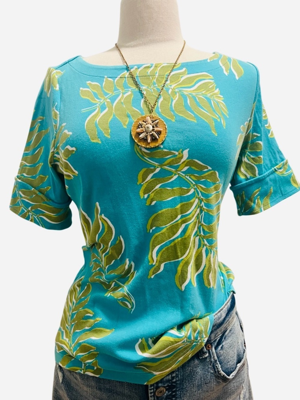 CHICO’S - PALM’S 🌴TEAL TROPICAL Tropical Leaf Short Sleeve Tee